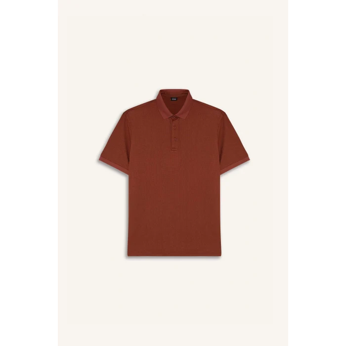 Defacto E1222 Kahve Slim Fit Dar Kesim Dokulu Kısa Kollu Krinkıl Polo Tişört