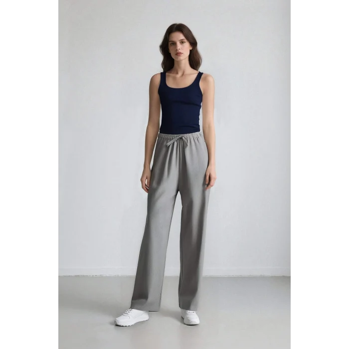 Defacto C1428 Gri Afra x Defacto Coool Wide Leg Kumaş Palazzo Pantolon Geniş Bol Paça Beli Lastikli Bağcıklı Cepli