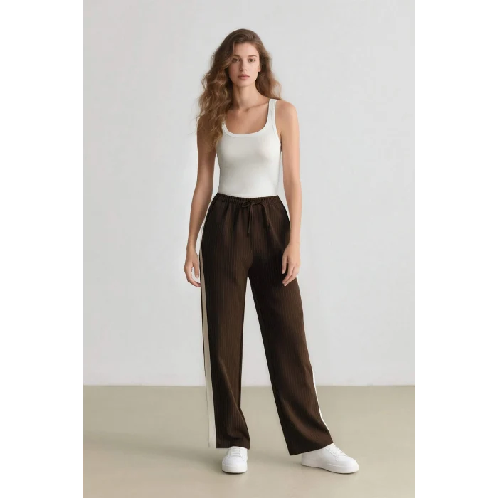Defacto E6102 Kahve Coool Wide Leg Çizgili Kumaş Palazzo Pantolon Normal Bel