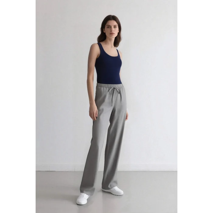 Defacto C1428 Gri Afra x Defacto Coool Wide Leg Kumaş Palazzo Pantolon Geniş Bol Paça Beli Lastikli Bağcıklı Cepli