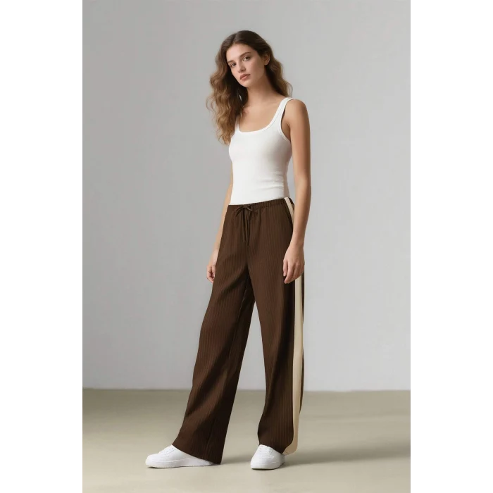 Defacto E6102 Kahve Coool Wide Leg Çizgili Kumaş Palazzo Pantolon Normal Bel