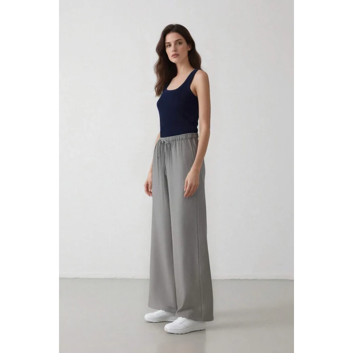 Defacto C1428 Gri Afra x Defacto Coool Wide Leg Kumaş Palazzo Pantolon Geniş Bol Paça Beli Lastikli Bağcıklı Cepli