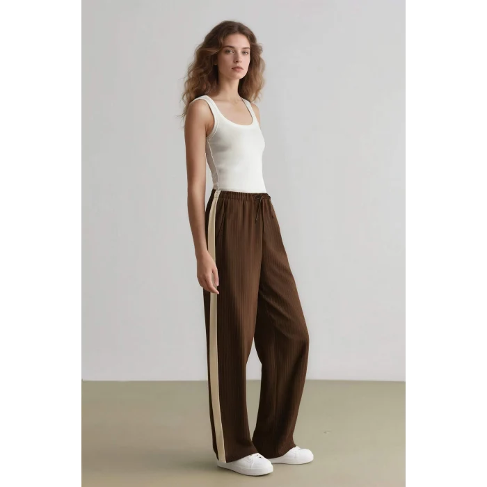 Defacto E6102 Kahve Coool Wide Leg Çizgili Kumaş Palazzo Pantolon Normal Bel