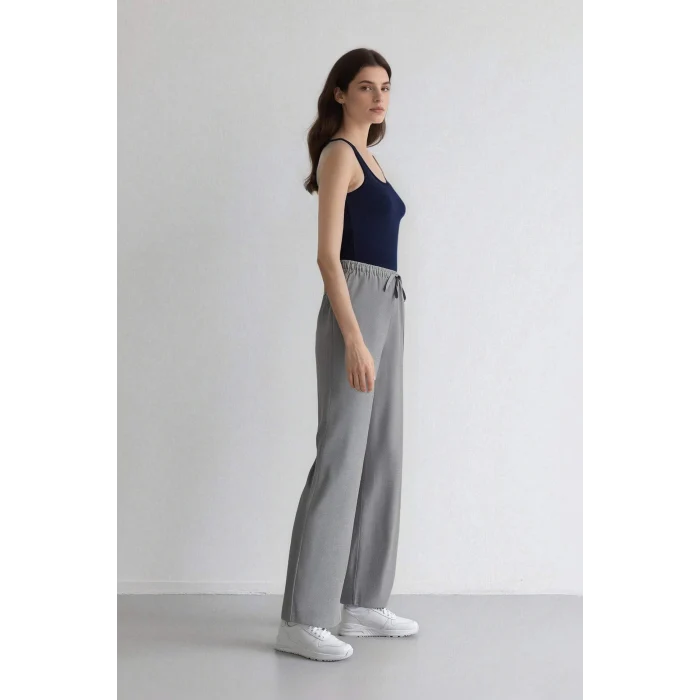 Defacto C1428 Gri Afra x Defacto Coool Wide Leg Kumaş Palazzo Pantolon Geniş Bol Paça Beli Lastikli Bağcıklı Cepli
