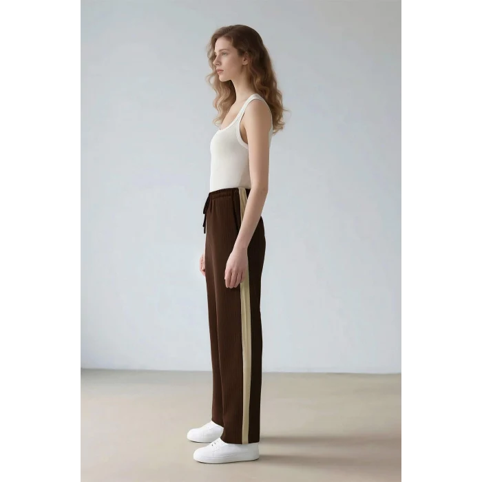 Defacto E6102 Kahve Coool Wide Leg Çizgili Kumaş Palazzo Pantolon Normal Bel