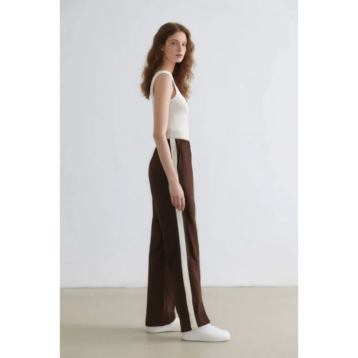 Defacto E6102 Kahve Coool Wide Leg Çizgili Kumaş Palazzo Pantolon Normal Bel