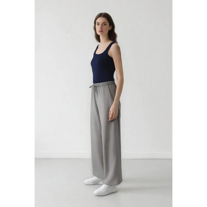 Defacto C1428 Gri Afra x Defacto Coool Wide Leg Kumaş Palazzo Pantolon Geniş Bol Paça Beli Lastikli Bağcıklı Cepli