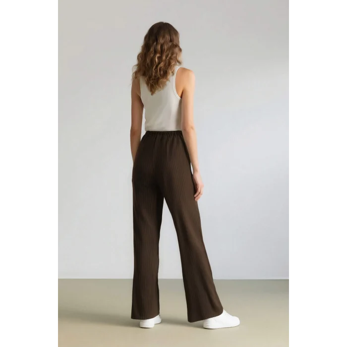Defacto E6102 Kahve Coool Wide Leg Çizgili Kumaş Palazzo Pantolon Normal Bel