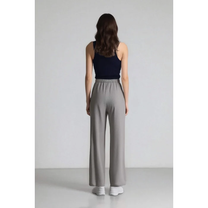 Defacto C1428 Gri Afra x Defacto Coool Wide Leg Kumaş Palazzo Pantolon Geniş Bol Paça Beli Lastikli Bağcıklı Cepli