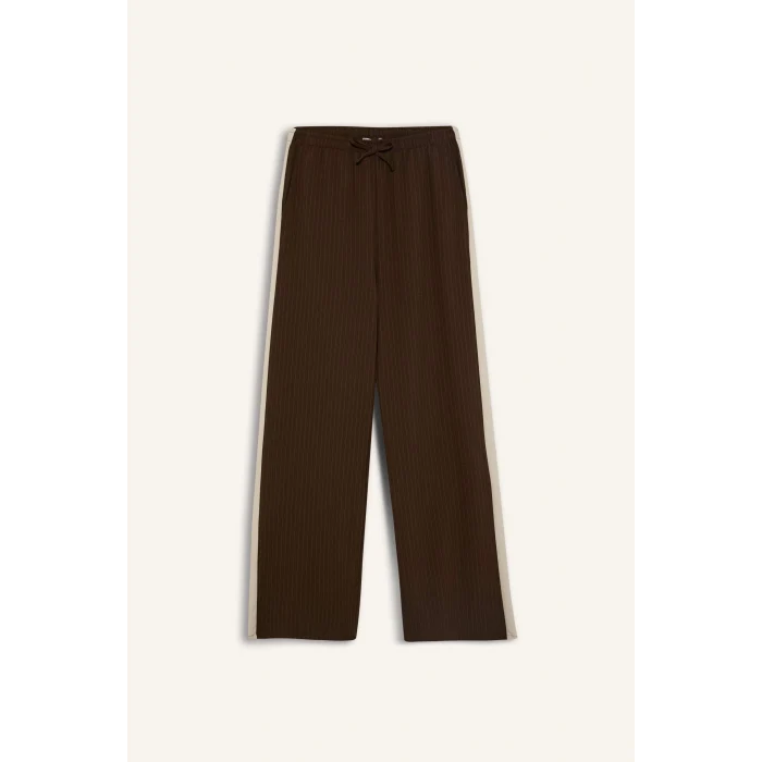 Defacto E6102 Kahve Coool Wide Leg Çizgili Kumaş Palazzo Pantolon Normal Bel