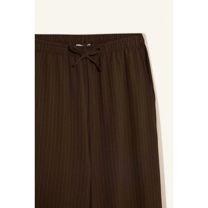 Defacto E6102 Kahve Coool Wide Leg Çizgili Kumaş Palazzo Pantolon Normal Bel
