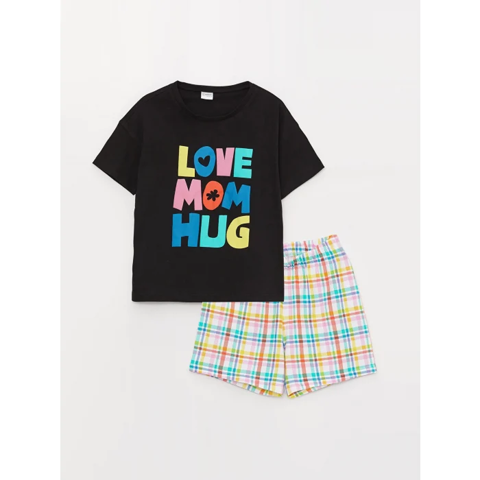 LCW Kids Siyah Bisiklet Yaka Baskılı Kısa Kollu Kız Çocuk Şortlu Pijama Takımı