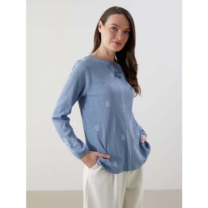 LCW Grace Mavi Bağlamalı Yaka Desenli Kadın Bluz