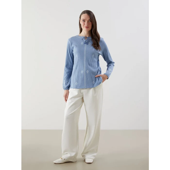 LCW Grace Mavi Bağlamalı Yaka Desenli Kadın Bluz