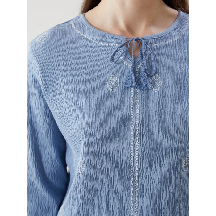 LCW Grace Mavi Bağlamalı Yaka Desenli Kadın Bluz