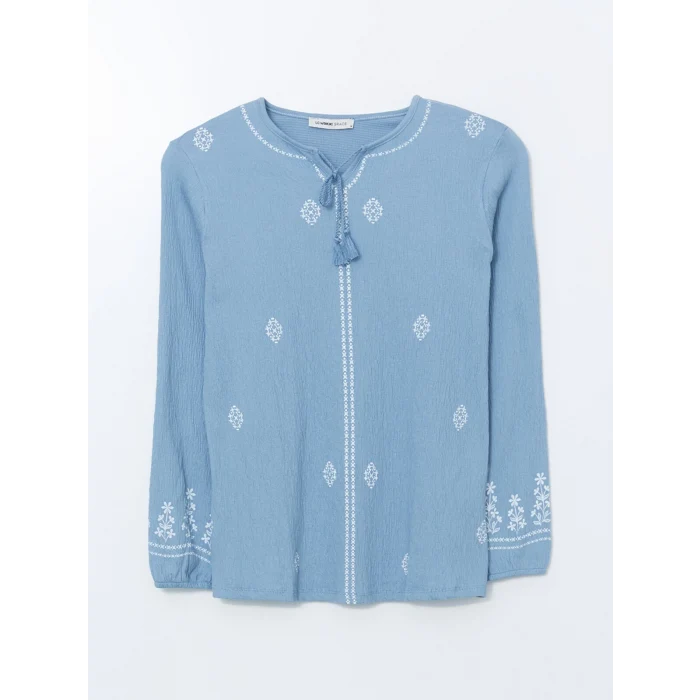 LCW Grace Mavi Bağlamalı Yaka Desenli Kadın Bluz