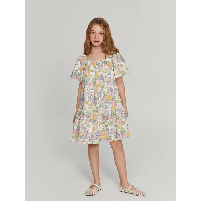 LCW Kids Ekru Kare Yaka Çiçekli Kız Çocuk Elbise