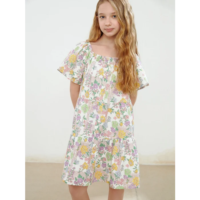 LCW Kids Ekru Kare Yaka Çiçekli Kız Çocuk Elbise