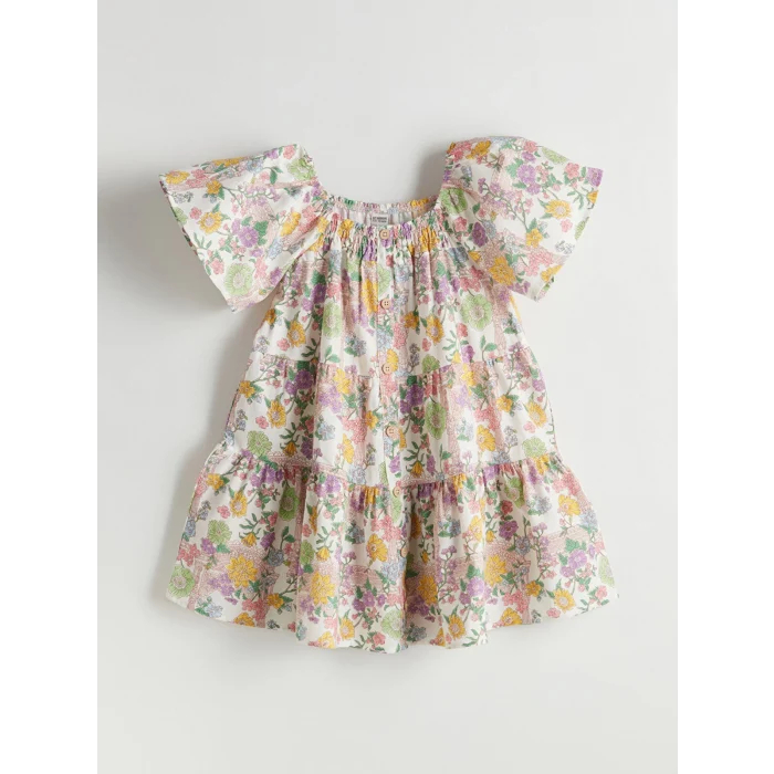 LCW Kids Ekru Kare Yaka Çiçekli Kız Çocuk Elbise