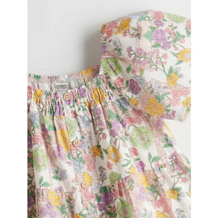 LCW Kids Ekru Kare Yaka Çiçekli Kız Çocuk Elbise