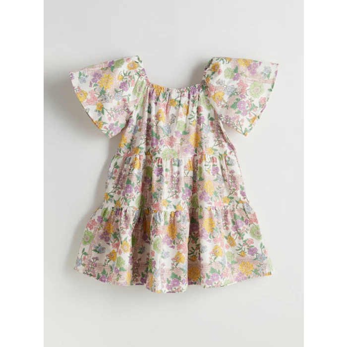 LCW Kids Ekru Kare Yaka Çiçekli Kız Çocuk Elbise