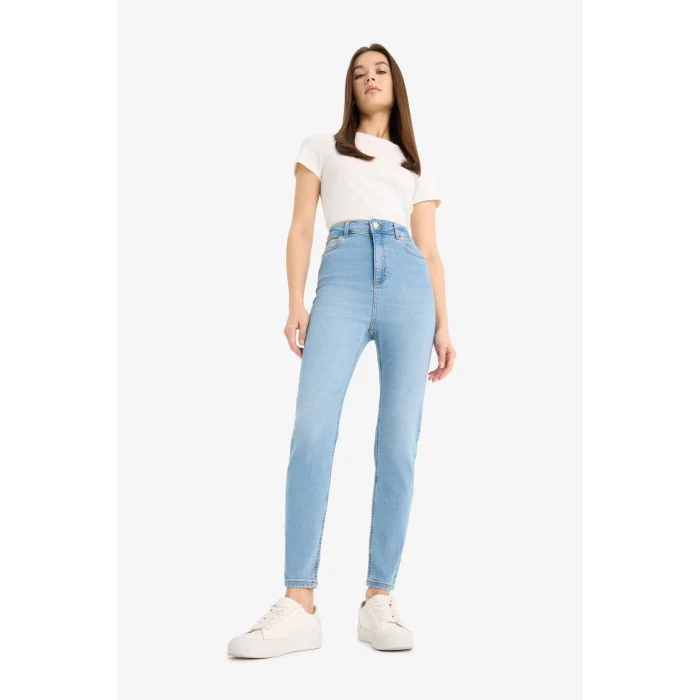 Defacto D8181 İndigo Anna Skinny Fit Yüksek Bel Düz Paça Uzun Jean Taş Yıkama Pantolon