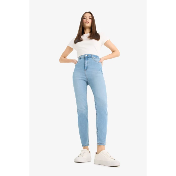 Defacto D8181 İndigo Anna Skinny Fit Yüksek Bel Düz Paça Uzun Jean Taş Yıkama Pantolon
