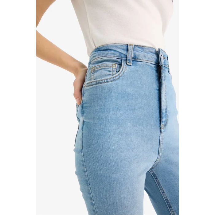 Defacto D8181 İndigo Anna Skinny Fit Yüksek Bel Düz Paça Uzun Jean Taş Yıkama Pantolon