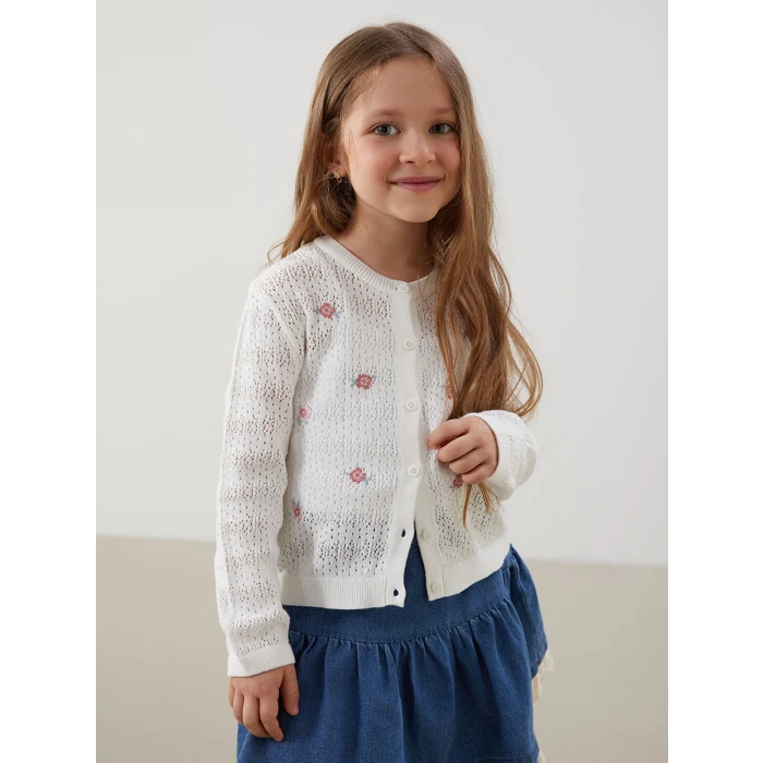 LCW Kids Ekru Bisiklet Yaka Dantelli Kız Çocuk Triko Hırka