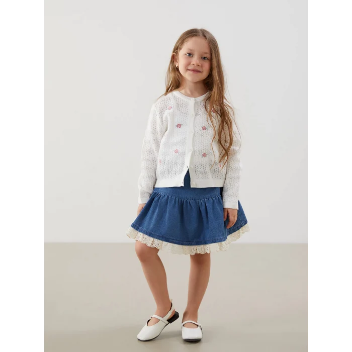 LCW Kids Ekru Bisiklet Yaka Dantelli Kız Çocuk Triko Hırka