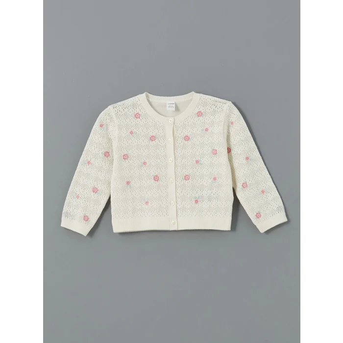 LCW Kids Ekru Bisiklet Yaka Dantelli Kız Çocuk Triko Hırka