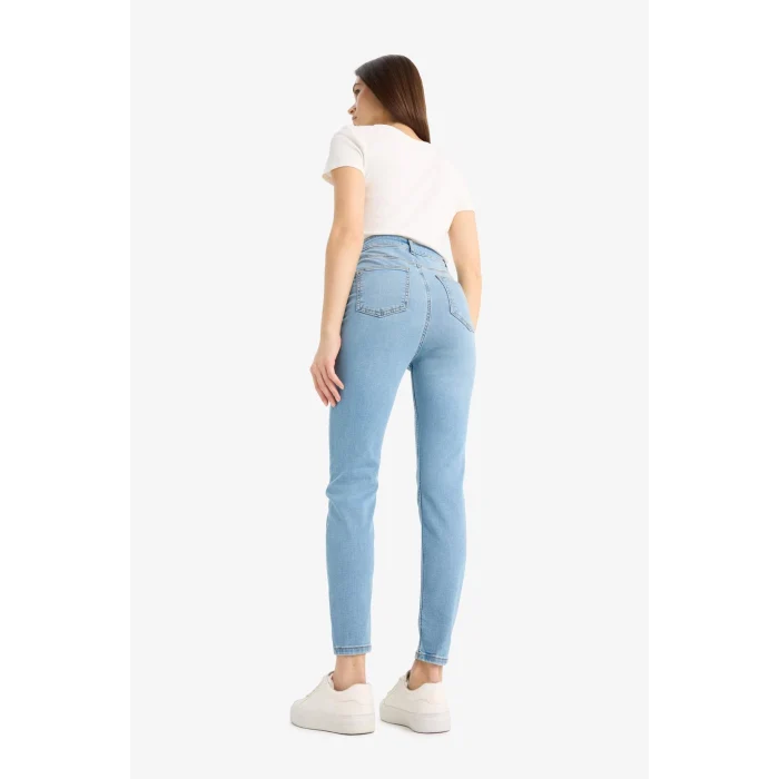 Defacto D8181 İndigo Anna Skinny Fit Yüksek Bel Düz Paça Uzun Jean Taş Yıkama Pantolon