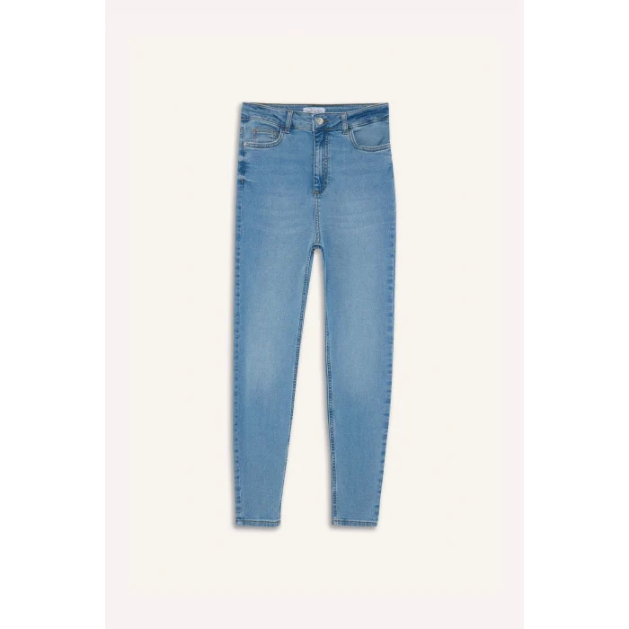 Defacto D8181 İndigo Anna Skinny Fit Yüksek Bel Düz Paça Uzun Jean Taş Yıkama Pantolon