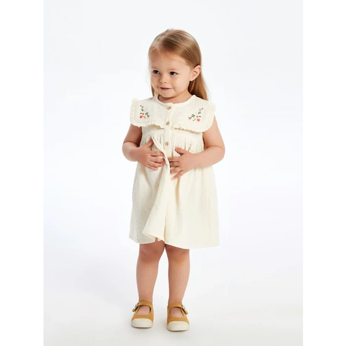 LCW baby Ekru Çiçek Nakışlı Müslin Kız Bebek Elbise