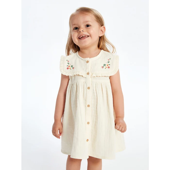 LCW baby Ekru Çiçek Nakışlı Müslin Kız Bebek Elbise