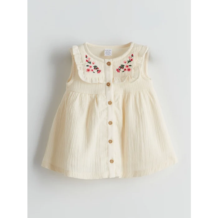 LCW baby Ekru Çiçek Nakışlı Müslin Kız Bebek Elbise
