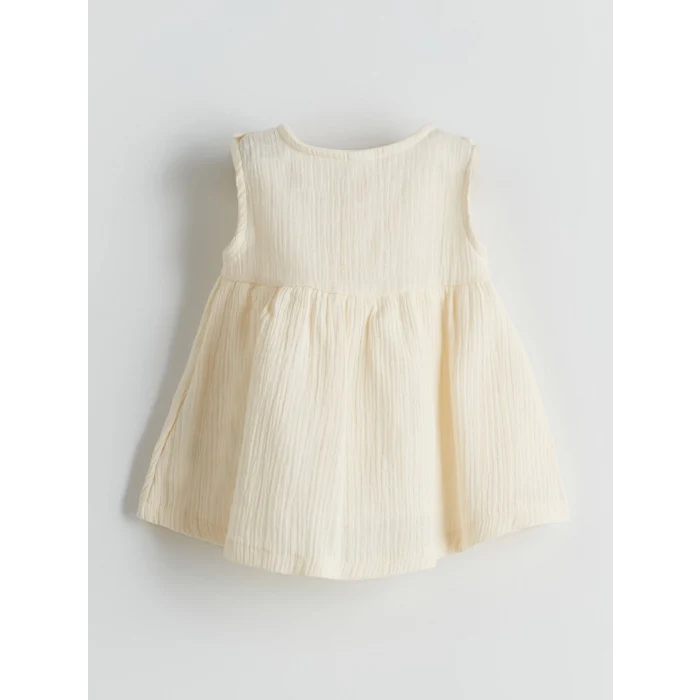 LCW baby Ekru Çiçek Nakışlı Müslin Kız Bebek Elbise