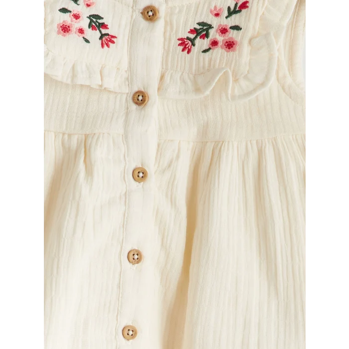 LCW baby Ekru Çiçek Nakışlı Müslin Kız Bebek Elbise