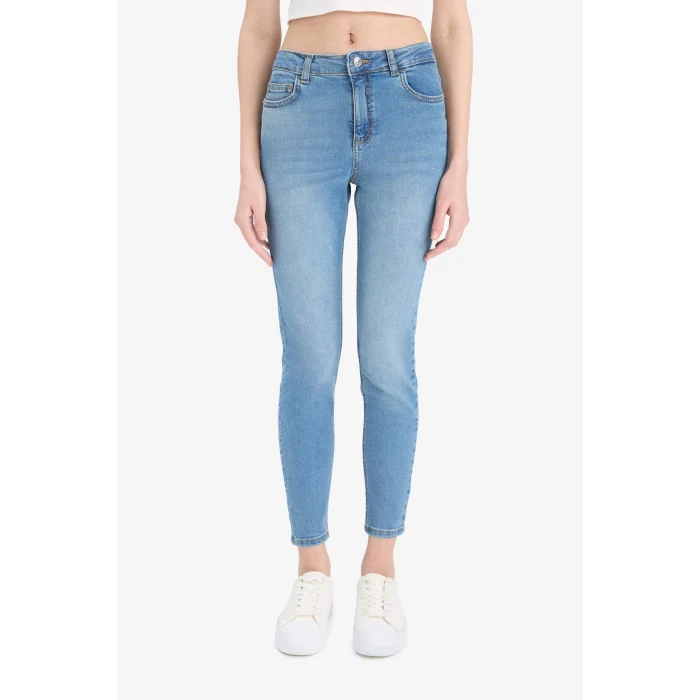 Defacto D8189 İndigo Skinny Fit Yüksek Bel Düz Paça Uzun Jean Taş Yıkama Pantolon