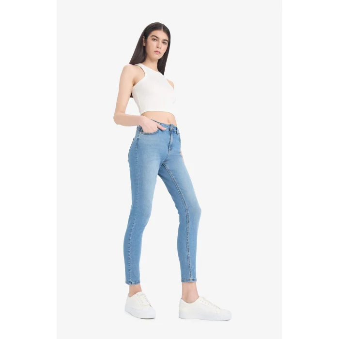 Defacto D8189 İndigo Skinny Fit Yüksek Bel Düz Paça Uzun Jean Taş Yıkama Pantolon
