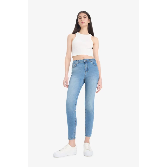 Defacto D8189 İndigo Skinny Fit Yüksek Bel Düz Paça Uzun Jean Taş Yıkama Pantolon