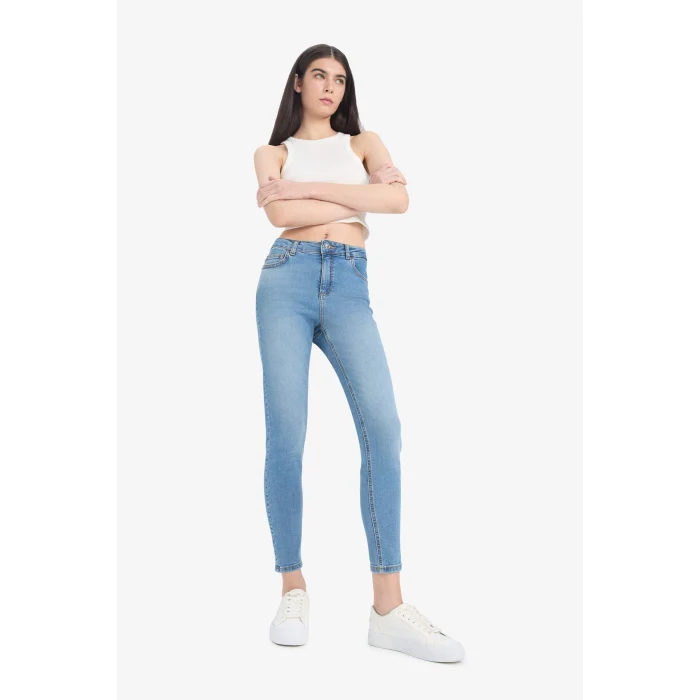 Defacto D8189 İndigo Skinny Fit Yüksek Bel Düz Paça Uzun Jean Taş Yıkama Pantolon