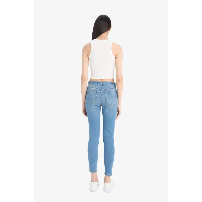 Defacto D8189 İndigo Skinny Fit Yüksek Bel Düz Paça Uzun Jean Taş Yıkama Pantolon