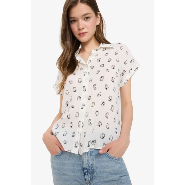 Defacto Z1661 Beyaz Coool Regular Fit Desenli Viskon Kısa Kollu Gömlek