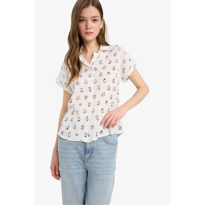 Defacto Z1661 Beyaz Coool Regular Fit Desenli Viskon Kısa Kollu Gömlek