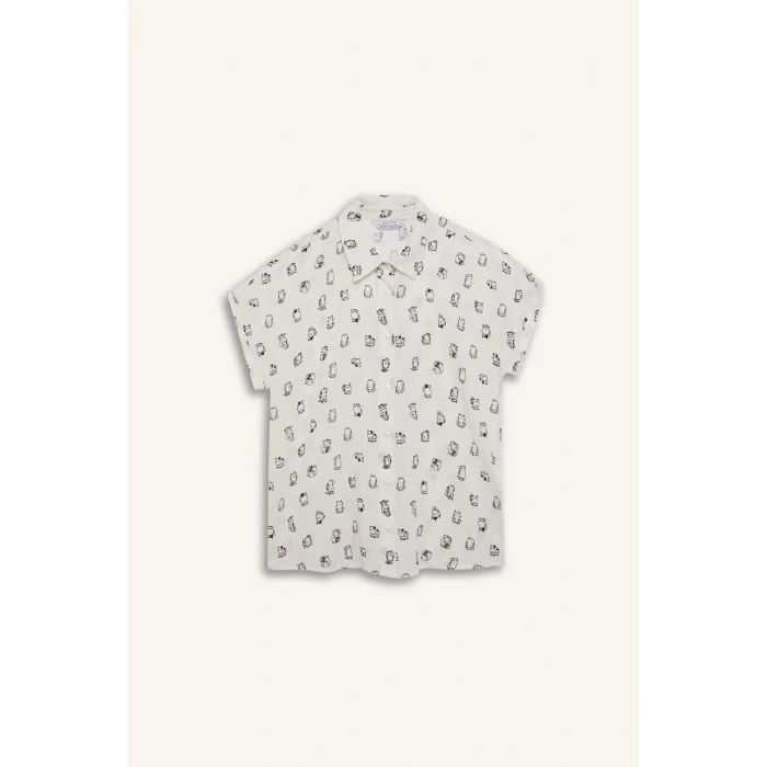Defacto Z1661 Beyaz Coool Regular Fit Desenli Viskon Kısa Kollu Gömlek