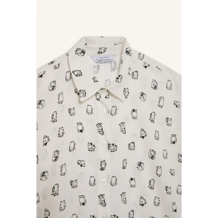 Defacto Z1661 Beyaz Coool Regular Fit Desenli Viskon Kısa Kollu Gömlek