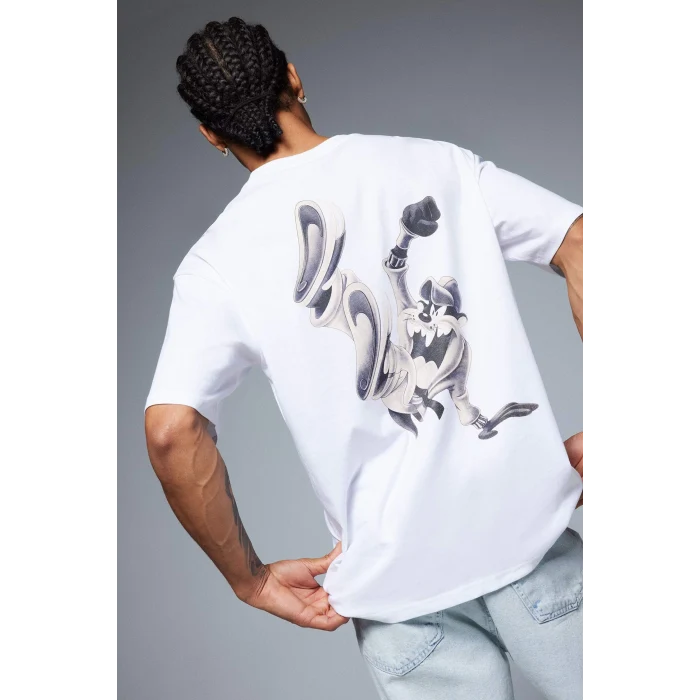 Defacto E0615 Beyaz %100 Pamuk Looney Tunes Boxy Fit Bisiklet Yaka Sırt Baskılı Kısa Kollu Tişört