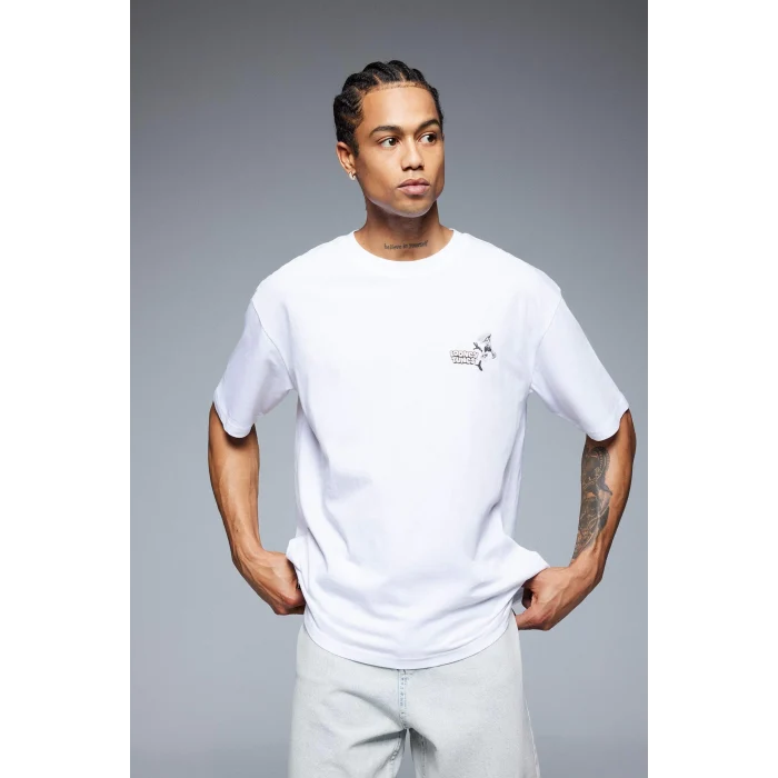 Defacto E0615 Beyaz %100 Pamuk Looney Tunes Boxy Fit Bisiklet Yaka Sırt Baskılı Kısa Kollu Tişört