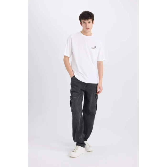 Defacto E0615 Beyaz %100 Pamuk Looney Tunes Boxy Fit Bisiklet Yaka Sırt Baskılı Kısa Kollu Tişört